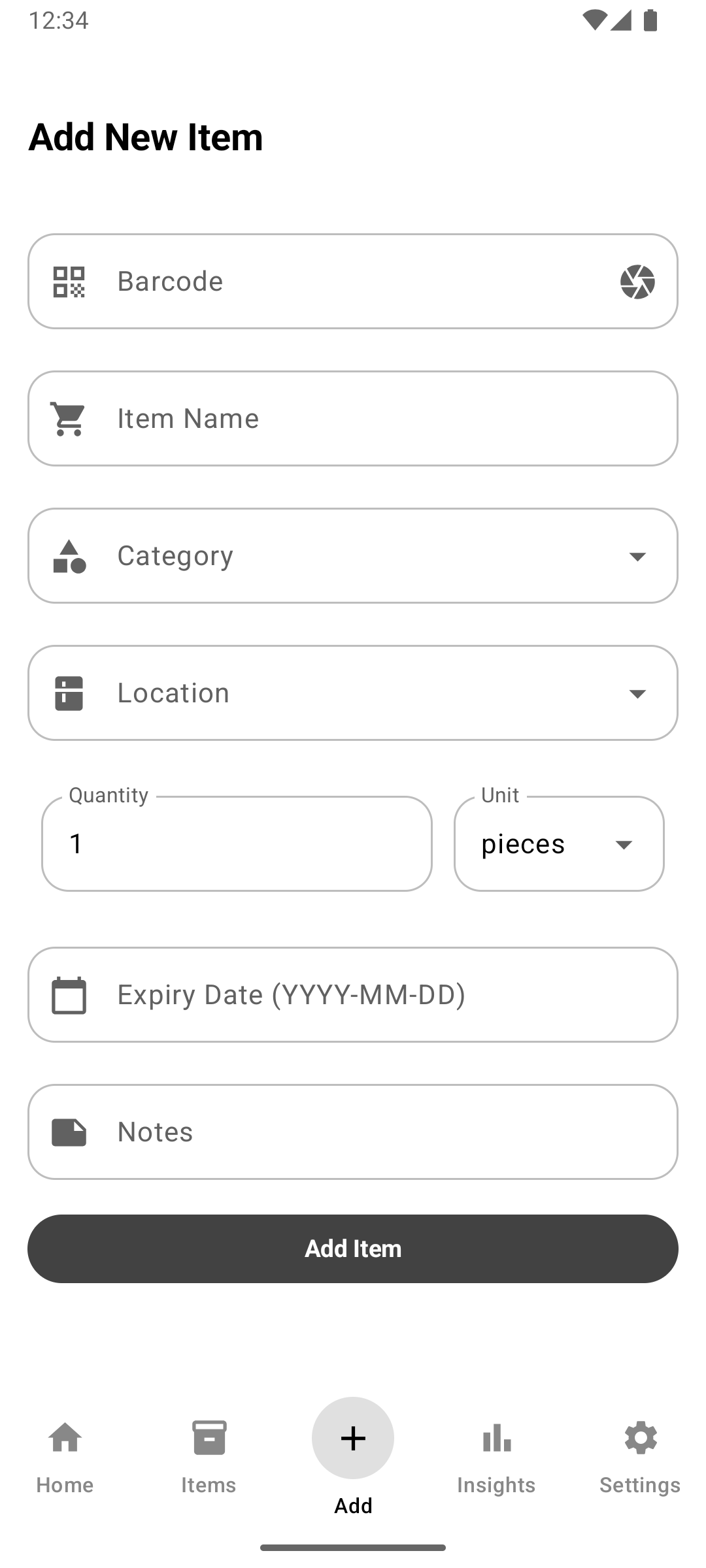 Smart Grocery App - Add Item Screen